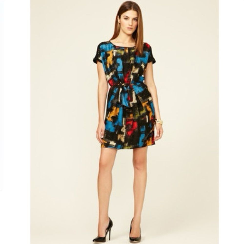 Cynthia Steffe Linen Silk blend colorful abstract print pleated dress size 6